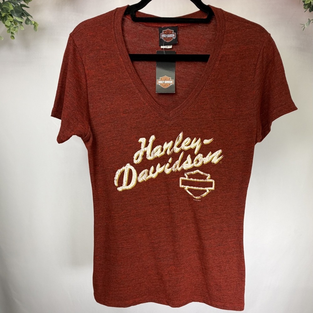 Harley‎ Davidson Women's Tri Blend V Neck Red Size L Spellout Logo Boise Idaho